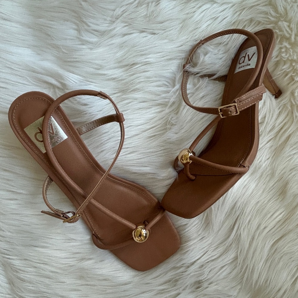 New! DV by Dolce Vita Brown Strappy Kitten Heels with Gold Accent